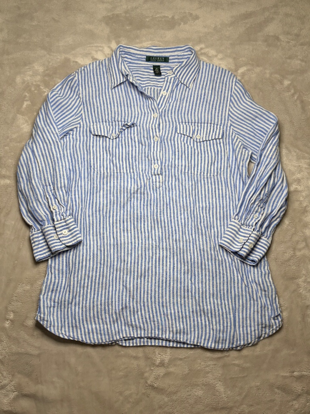 Lauren Ralph Lauren Blue and White Striped Linen Button-Down Shirt